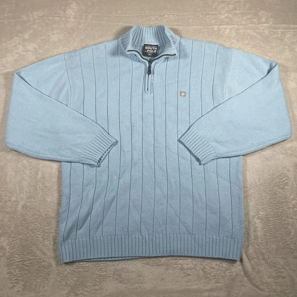 Southpole Vtg 90s Y2K Men's XL  1/4 Zip Sweater Ribbed‎ Striped Knit Baby Blue